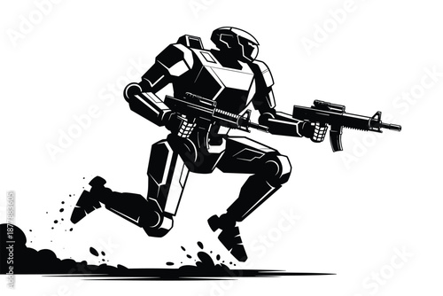 Futuristic robot soldier running and holding assault rifles in monochrome design advanced combat machine warrior illustration for military defense technology concept artificial intelligence and roboti