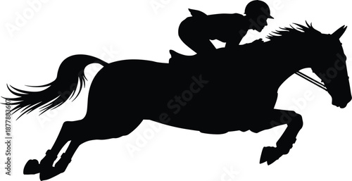 Dramatic silhouette of horse and equestrian rider jumping obstacle in intense competition black and white design element for sports marketing materials equine event advertising poster vector illustrat