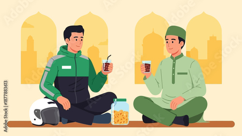 Togetherness of muslim man and online driver breaking fast