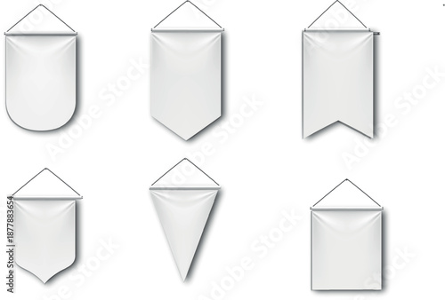 White pennant flags mockup, blank vertical banners
