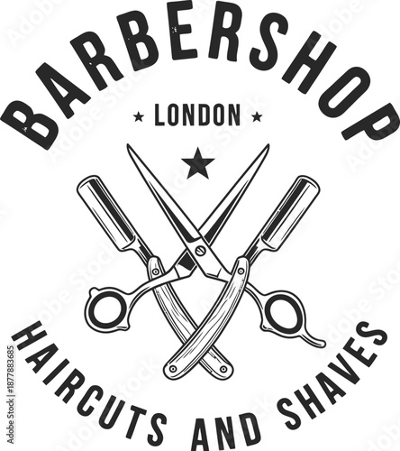 Barbershop Logo Featuring Crossed Scissors and Straight Razor with Text