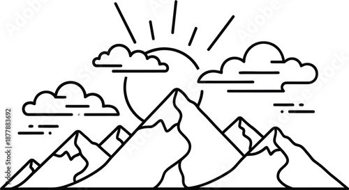Minimalist line art illustration depicts a rugged mountain range silhouette set against a rising or setting sun partially obscured by stylized clouds representing a beautiful outdoor adventure scene