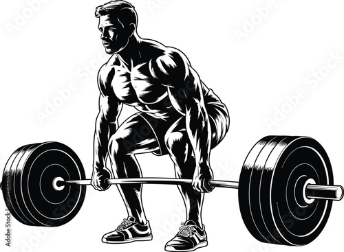 Muscular athletic man lifting heavy barbell weight in black and white silhouette illustration for fitness bodybuilding strength training athletic performance powerlifting workout motivation gym exerci