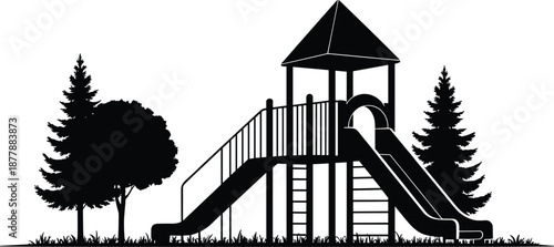 Playground slide silhouette vector illustration for children's outdoor recreation area park equipment design elements fun activity childhood development educational games monochrome black and white na