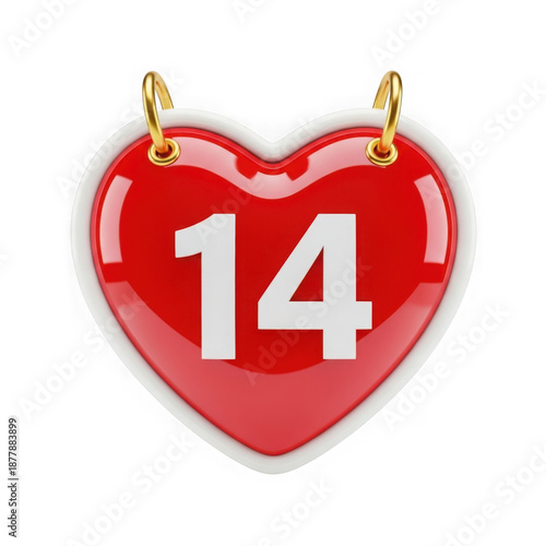 Red heart with number 14 isolated on transparent background