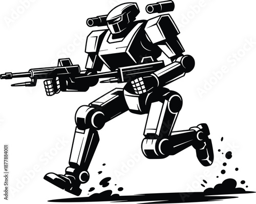 Futuristic robot soldier running with assault rifle in black and white vector illustration for science fiction military technology concept art modern warfare games and strategic defense projects in di