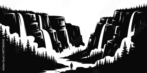 Monochrome waterfall landscape with person silhouette exploring nature scenic views majestic cascades cascading down rocky cliffs surrounded by pine forest trees outdoor adventure travel destination n