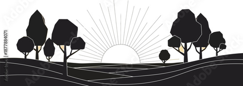 Minimalist landscape illustration showcasing a vibrant sunrise over rolling hills framed by stylized dark trees against a soft gradient sky backdrop