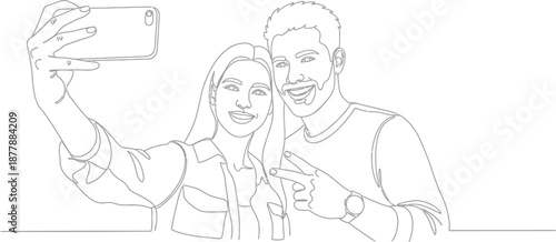 Happy young couple taking a fun selfie together using a modern smartphone while one person gestures a peace sign in a continuous line art style drawing for communication concepts.