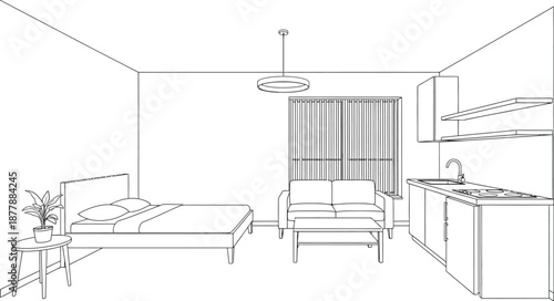 Minimalist line art depiction of a compact studio apartment layout featuring integrated living sleeping and basic kitchenette areas awaiting colorization