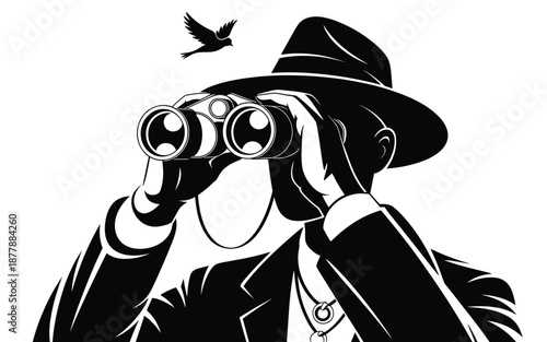 Person in Hat Looking Through Binoculars Bird Watching Detective Investigator Spy Searching Observing Surveillance Discovery Exploration Black and White Vector Illustration Graphic Resource for Myster