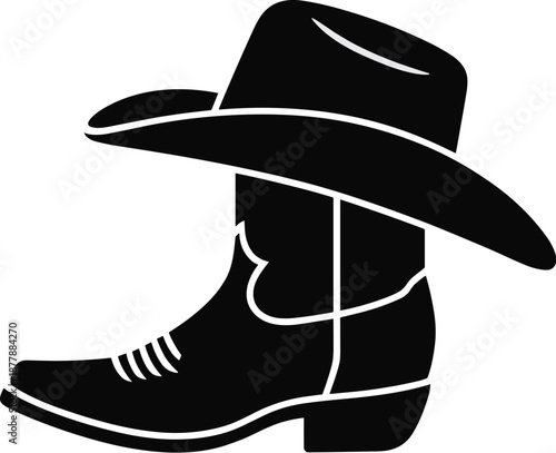 Stylized black cowboy boot with hat graphic vector illustration isolated on light background for western themed designs country music events rodeos and texas state fair marketing materials fashion app