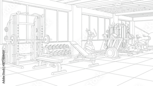 Detailed black and white line art drawing showcasing various strength training machines and cardio equipment meticulously arranged within an empty modern fitness center interior.