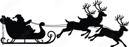 Santa Claus flying in sleigh silhouette with reindeer team delivering gifts on christmas eve vector illustration for holiday season winter celebration festive decoration graphic design project creativ