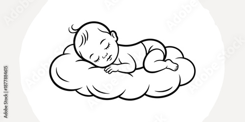 Cute baby sleeping peacefully on fluffy cloud in dreamland newborn infant outline illustration for nursery decor baby shower invitations minimalist design children's books parenting blogs healthcare i