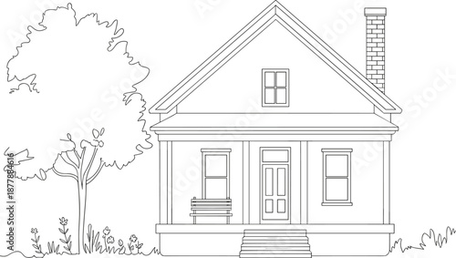Detailed line art of charming suburban home and lush tree architecture illustration for coloring book pages educational resources real estate design projects home improvement publications construction