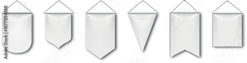 White Blank Pennant Flag Mockup Set Hanging Wall Banners and Vertical Gonfalons for Sports Branding and Decoration Template