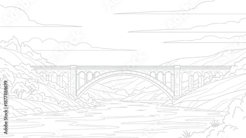 Classic stone arched railway viaduct spanning a wide river flowing through a lush hilly landscape under a cloudy sky perfect for coloring books.