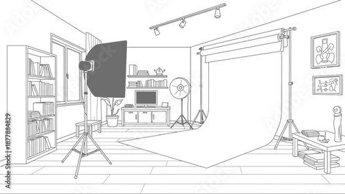 Detailed line art illustration of a fully equipped small photography studio setup featuring professional lighting softboxes backdrops and interior elements for creative shoots