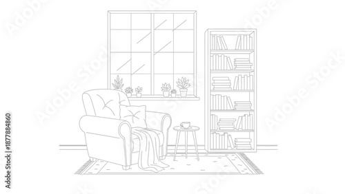 Simple line art drawing depicting a cozy reading nook featuring a plush armchair, small side table, tall bookshelf, and a large window letting in natural light for relaxation.