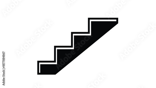 Black and white silhouette icon showing a side view of a staircase, symbolizing progress, steps, and upward or downward movement.