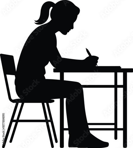Focused student silhouette writing at desk for education concept diligent learner taking notes in classroom setting academic study skills for exam preparation vector illustration for school college un