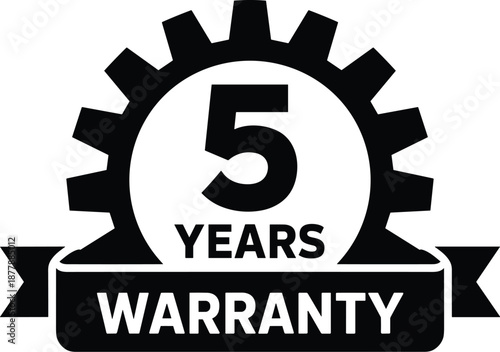 Robust 5 Year Warranty Guarantee Icon with Gear Emblem and Bold Ribbon Banner for Product Assurance Long Term Reliability and Customer Trust in Manufacturing Industrial and Automotive Industries Exten