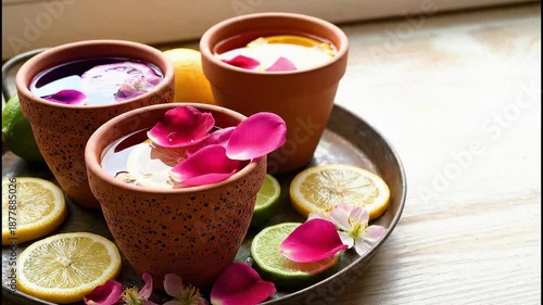 Three terracotta cups filled with colorful herbal teas and garnished with fresh lemon lime and rose petals arranged on a rustic metal tray with soft window light illuminating the scene creating a