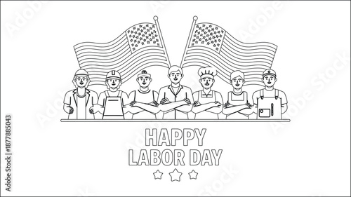 Labor Day diverse workers united American flags monochrome line