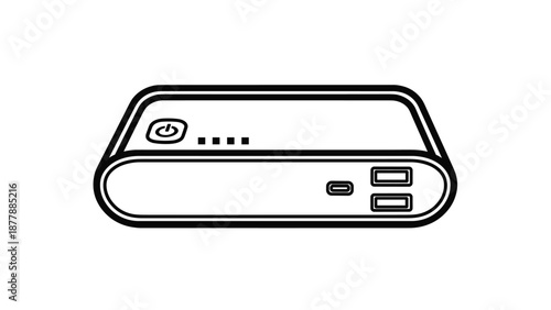 Line art icon of a portable power bank with USB ports and charging indicator lights for recharging electronic devices on the go.