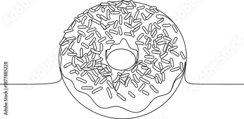 Minimalist continuous line art drawing featuring a delicious frosted donut generously covered with numerous small colorful sprinkles for a fun celebration dessert design element.