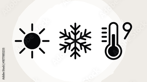 Simple weather forecast icon set depicting sun snowflake and thermometer indicating warm cold temperature line art vector illustration for presentations educational materials climate reports meteorolo