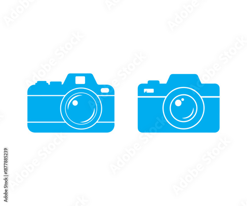 Professional blue photographic camera icons representing image capture equipment and media creation tools are perfectly isolated on a white.