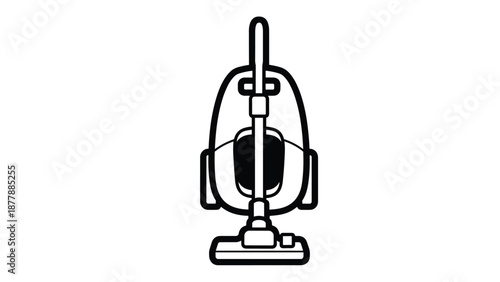 Line art drawing of a modern upright vacuum cleaner, a household electrical appliance designed for floor and carpet cleaning.