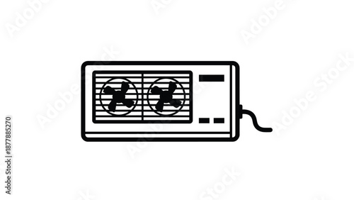 Line art of a window air conditioning unit with two fans, an appliance for cooling and regulating room air temperature.