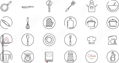 Collection of minimalist line art icons depicting essential kitchen tools cooking utensils baking equipment and culinary accessories for food preparation interfaces and recipe applications