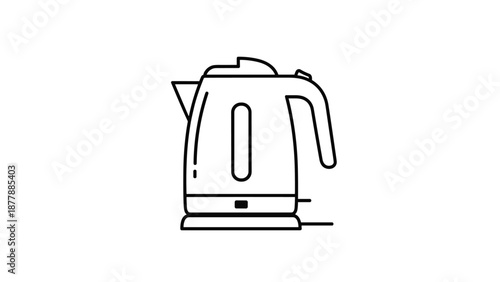 Minimalist black outline of an electric kettle, a kitchen appliance used for quickly boiling water for tea, coffee, or cooking.