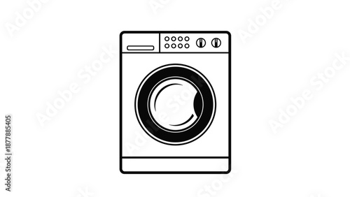 Black outline of a front-loading washing machine, a home appliance for doing laundry and cleaning clothes automatically.