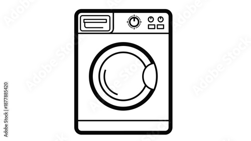 Modern front-load washing machine depicted in a bold black outline style, symbolizing laundry, chores, and home appliances.