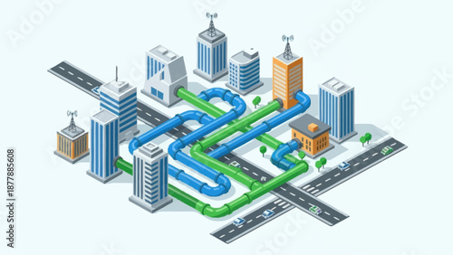 Isometric cityscape with infrastructure and buildings.