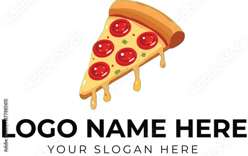 Pizza slice logo vector with melted cheese drip, pepperoni toppings, and golden crust for food branding