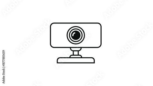 Line art icon of a desktop webcam on a stand, a device used for video calls, streaming, and online communication.