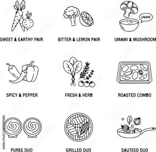 Vegetable flavor pairing line icons sweet & earthy pair, bitter & lemon pair, umami & mushroom, spicy & pepper, fresh & herb, roasted combo, puree duo, grilled duo