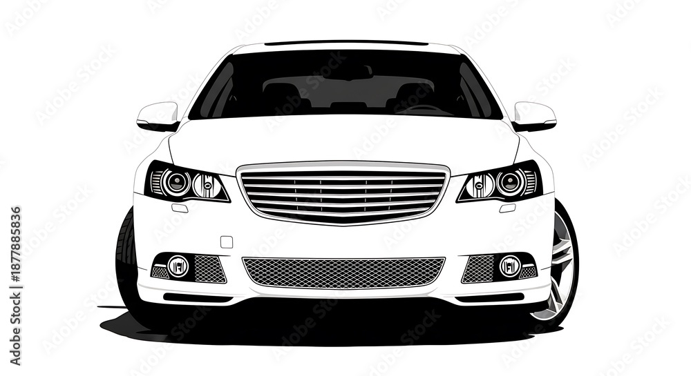 Fototapeta premium Generic Modern Sedan Front View Illustration, Black and White Vector Style Sketch of a Luxury Car Isolated on White Background