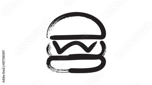 Simplified black and white illustration of a hamburger viewed from the front, showcasing its bun and filling in a minimalist style