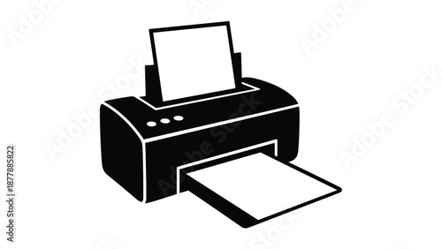 Solid black silhouette icon of a desktop printer with paper loaded and another sheet being printed, for office and home use.