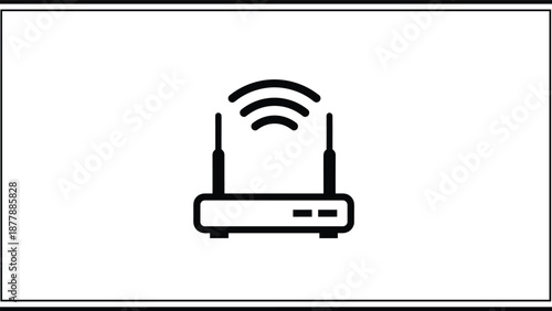 A bordered icon featuring a black outline of a Wi-Fi router with antennas broadcasting a wireless signal for internet access.