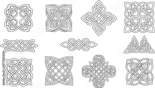 Collection of intricate Celtic knot patterns in black outline vector design elements