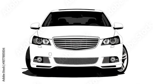 Generic Modern Sedan Front View Illustration, Black and White Vector Style Sketch of a Luxury Car Isolated on White Background