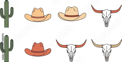 Collection of wild west elements saguaro cacti cowboy hats and steer skulls isolated vector illustration set design resource